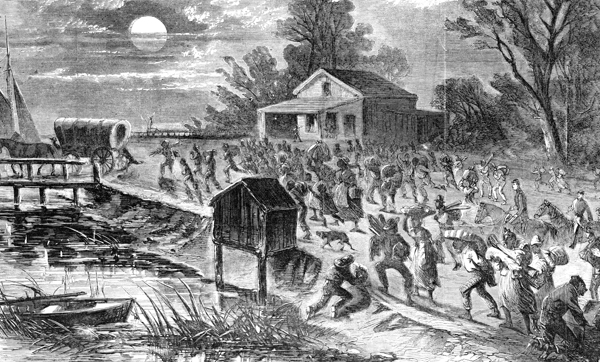 an illustration showing african american families, carrying their possessions, racing toward a bridge.